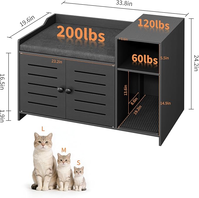 Cat Litter Box Enclosure Furniture, Large Hidden Litter Box Cabinet with Double Door, End Table Cat House with Storage Shelf, Modern Pet Furniture for Living Room, Black