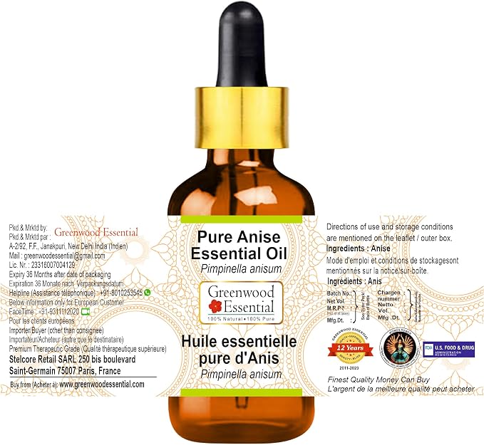 Greenwood Essential Anise Essential Oil (Pimpinella anisum) with Glass Dropper | Pure | Non-Sticky | Non-Greasy | Lightweight | Men & Women | All Skin Types | Steam Distilled 30ml (1 oz)