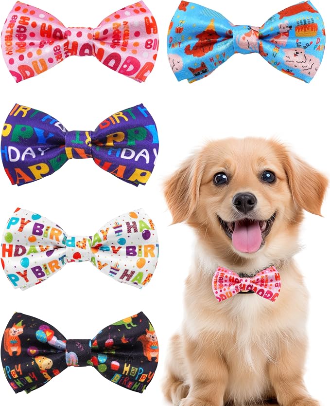 PET SHOW 5 Pack Happy Birthday Dog Bowties for Small Dogs Slide on Collar
