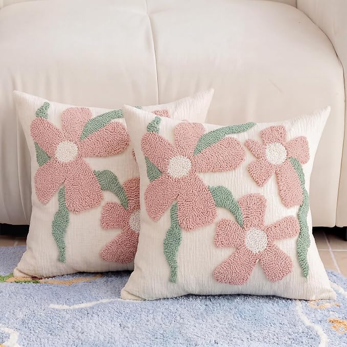 Summer Floral Throw Pillow Covers 20x20 Inch Set of 2, Chenille Embroidered Pillowcase with 3D Tufted Pink Flowers Sage Green Leaves, Boho Decorative Cushion Covers for Couch Sofa Bed