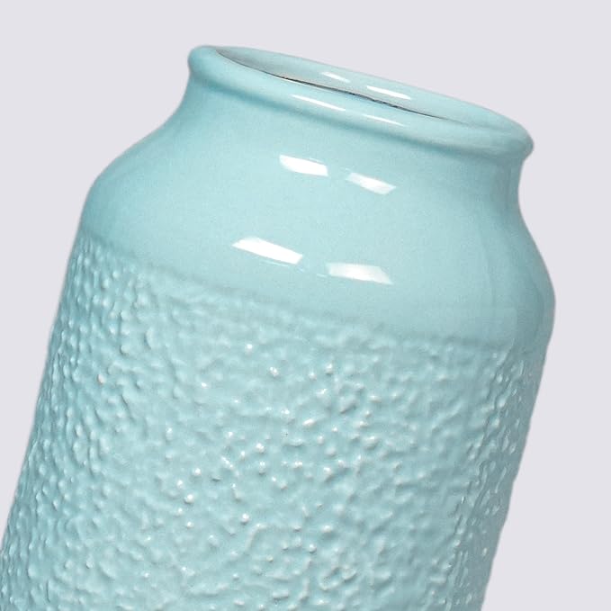 Blue Ceramic Vase for Home Decor - 9 Inch Textured Flower Vase for Table Centerpiece - Modern Decorative Pottery Vases for Flowers, Living Room, Shelf, Mantle Decor