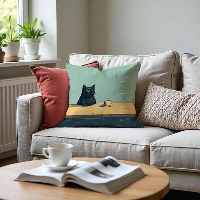 Black Cat Throw Pillow Covers 18x18, Aesthetic Black Cat Art Painting Decor Pillow Covers, Vintage Cats Drinking Coffee Decor for Room Bedroom