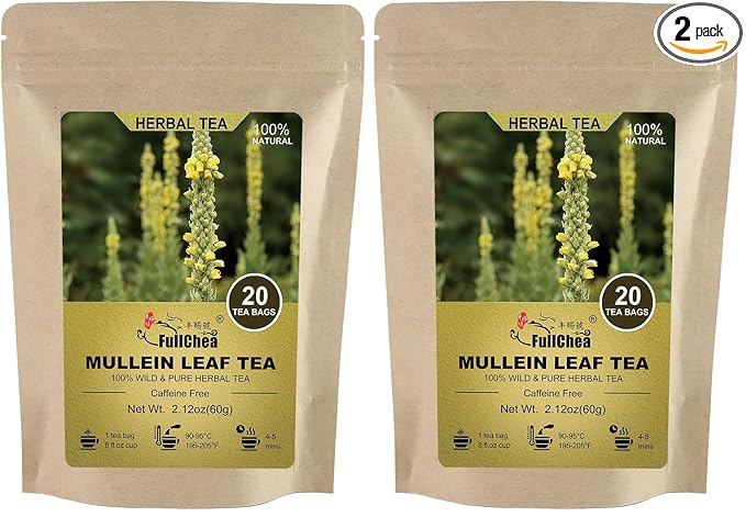 FullChea - Mullein Leaf Tea Bags, 20 Teabags, 3g/bag For Lungs - Non-GMO - Caffeine-free - Natural Healthy Herbal Tea (Pack of 2)