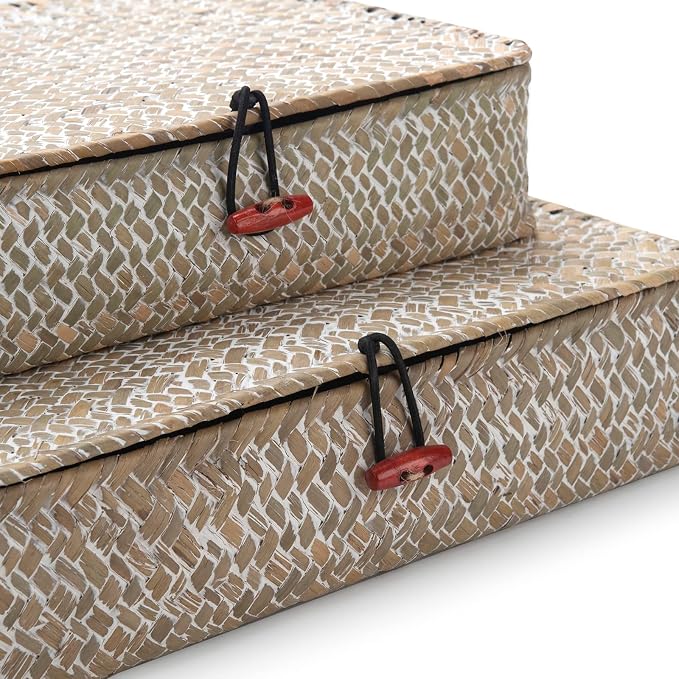Whitewash Flat Seagrass Storage Bins with Lid, Wicker Basket for Shelf Organize, Set of 2 (Small+Large)