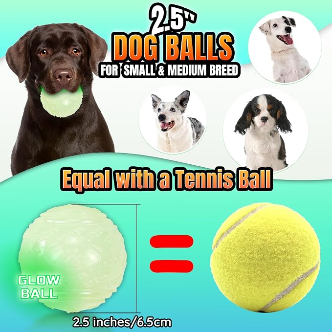LECHONG 4-Pack 2.5” Glow in The Dark Squeaky Dog Balls, Durable Glowing Bouncy Rubber Fetch Toy Balls for Small Medium Puppy Dogs Nighttime Playing Indoors and Outdoors