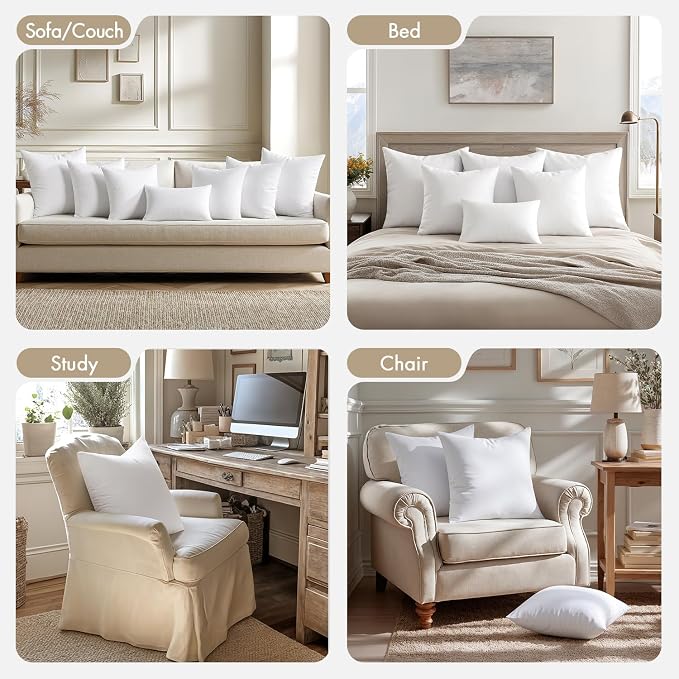 MIULEE 22x22 Pillow Inserts 4 Pack, 100% Virgin Fiber Filling Throw Pillows | Decorative Pillows for Sofa Bed Couch, Firm and Full Pillows, Excellent Support, Soft Brushed Fabric
