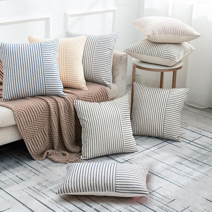 YCOLL Farmhouse Pillow Covers 12x20, Modern Accent Lumbar Throw Pillow Covers Set of 2, Navy and Beige Striped Patchwork Linen Decorative Pillows Cushion Covers for Couch Chair Bedroom Home Decor