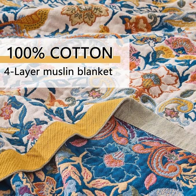 Boho Throw Blanket Farmhouse Decor Throw Blanket Bohemian Blanket for Bed 100% Cotton Muslin Woven Couch Blanket All Seasons Quilt Bedroom (A-Whiite, 90"x98")
