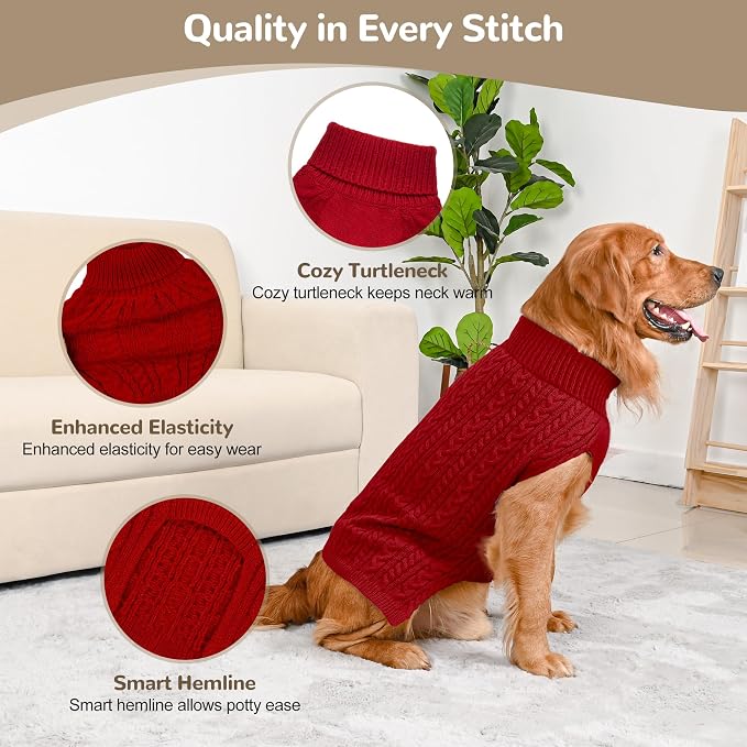 Dog Sweater 2 Pack for Large Dogs, Size XXL, Red & Brown | Stretchy cable knit turtleneck, machine washable, high belly cut, comfy winter fit for Golden Retriever, Labrador