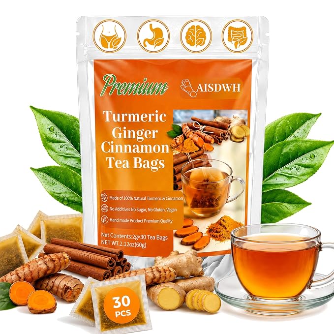 30 Premium Turmeric Ginger Cinnamon Tea Bags, 100% Natural Ingredients Herbal Tea, Turmeric Ginger Herbal Blend for Wellness & Digestive Support, Vegan, No Sugar, Caffeine-Free