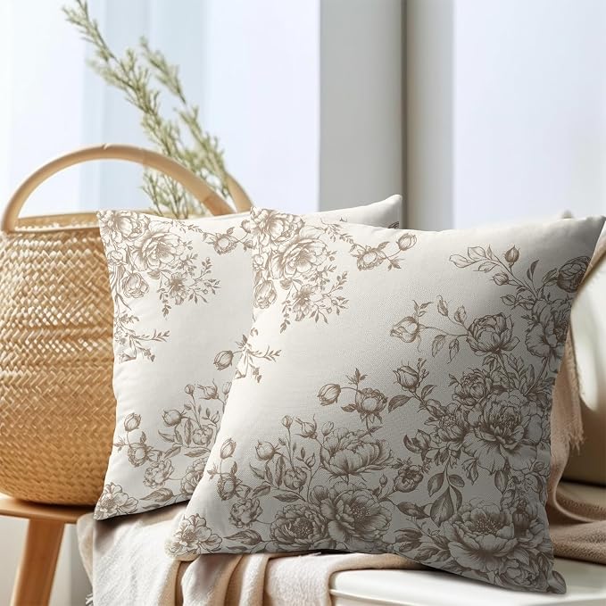 Kawani Chinoiserie Throw Pillow Covers 18x18 Inch Pack of 2, Vintage Tan Floral Art Farmhouse Square Pillowcase Cotton Linen Cushion Case for Couch Sofa Bed Home and Outdoor Decor
