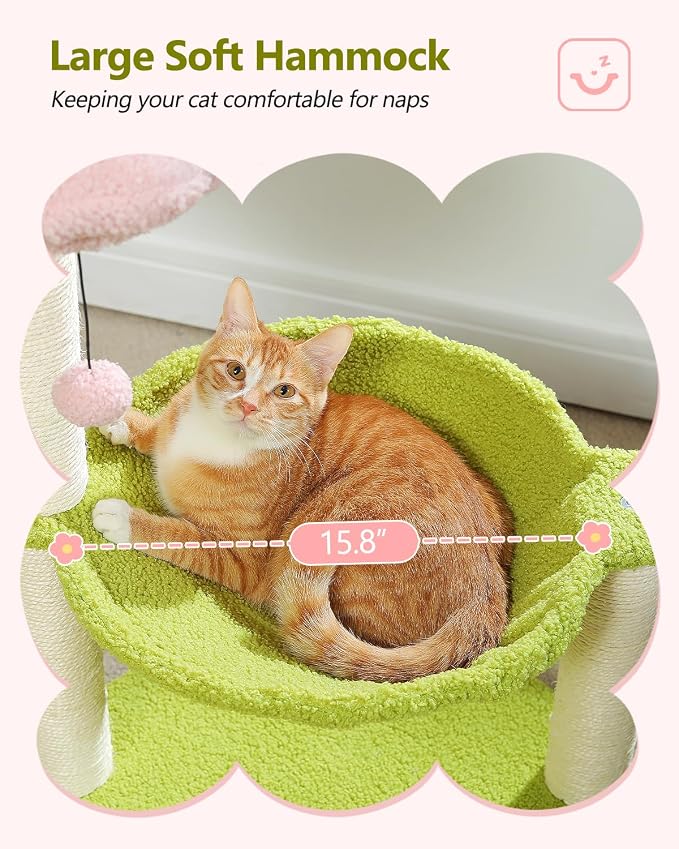 Flower Cat Tree, 28" Cat Tower with Cozy Flower Perch, Large Hammock for Indoor Small Cats, Cute Cat Tree with Sisal Scratching Post and Fur Toy Ball for Kittens, Pink | Plush flower perch, Metal frame hammock, Sisal post, Fluffy toy ball, Thickened st...