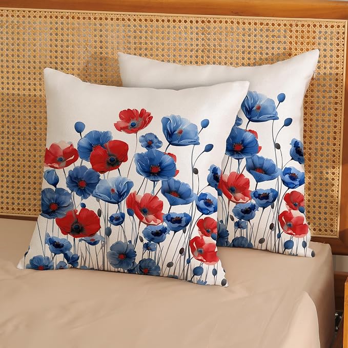 Spring Floral Pillow Covers 18x18 Set of 2 Blue Red Flower Decorative Throw Pillow Covers Decoration Summer Seasonal Pillowcase Farmhouse Decorative Cushion Cover for Home Sofa Outdoor Decorr