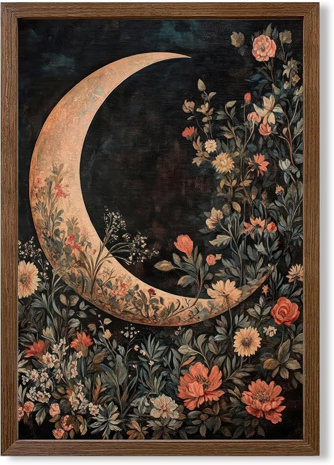 JLTULT Floral Moon Wall Art, Gothic Botanical Framed Canvas, 20 x 30 In | Dark floral moon art on fade-resistant canvas with a ready-to-hang wood frame for bedrooms, living rooms and bathrooms