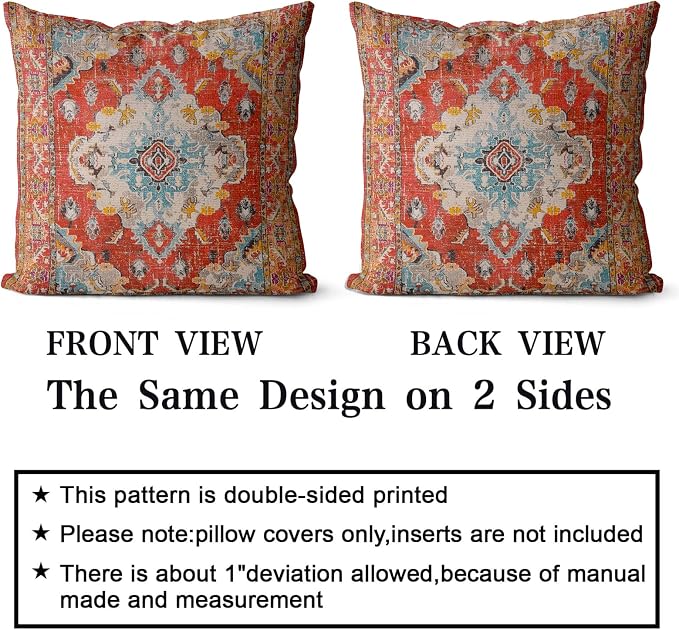 Snycler Boho Throw Pillow Covers 18x18 inch Set of 2 Boho Rug Carpet Double Sided Pattern Cotton Soft Pillow Case Cushion Cover Pillowcase for Couch Sofa Bed Decorative (Orange)