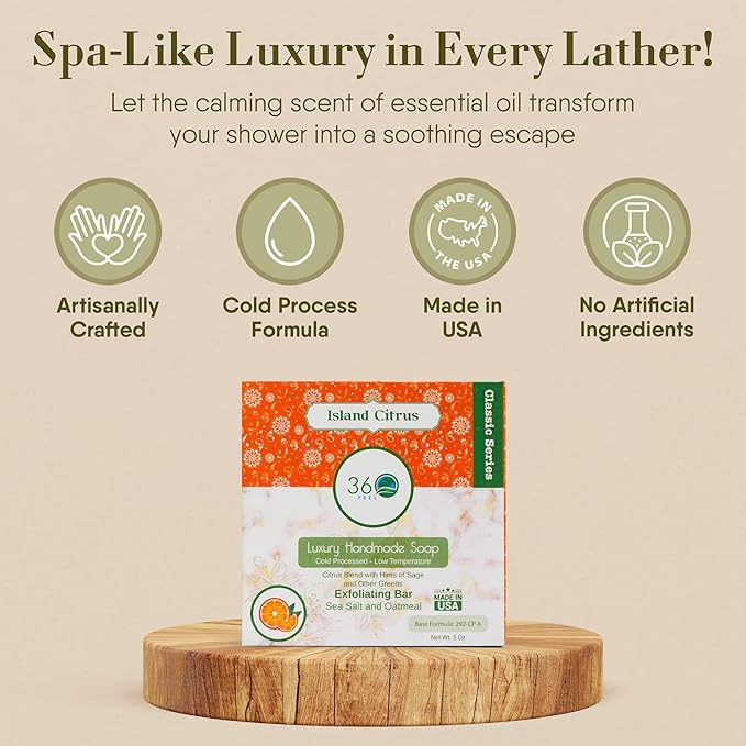 360Feel Island Citrus Soap - Made in the USA - Castile Handmade, All-Natural, Cold-Processed - Infused with Island Citrus for a Tropical Scent - Rich, Creamy Lather - 5 oz