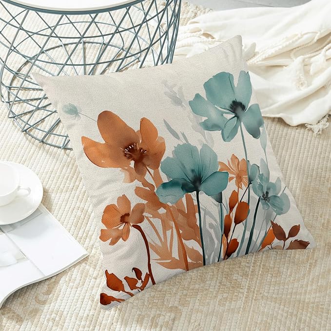Floral Pillow Covers 18x18 Inches Set of 2 Fall Orange Teal Floral Throw Pillow Cover Outdoor Summer Flower Decoration Pillowcase Farmhouse Decorative Square Cushion Cover Decor for Home Sofa