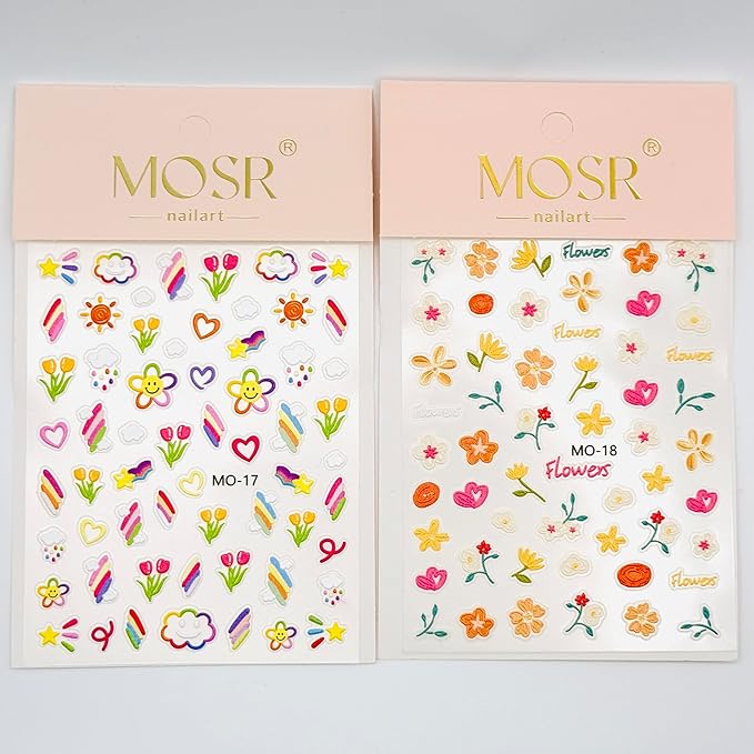 3D Embossed Korean Style Spring Bloom Nail Art Stickers, Flowers, Butterflies, Bunnies, Rainbow, Hearts, Self-Adhesive, Easy DIY for Everyday Outfit, Rainbow+Flower, 2 Pack