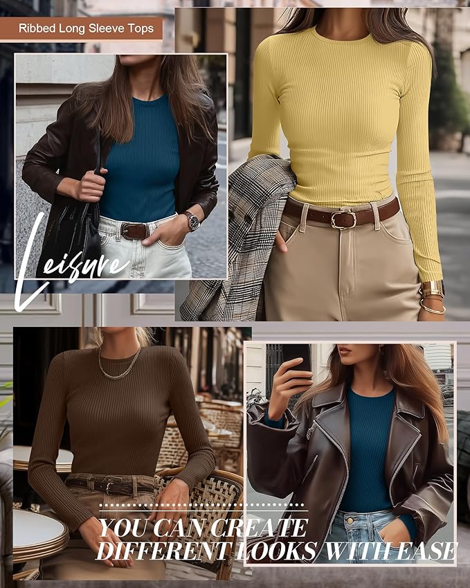 Ficerd 3 Pack Women's Ribbed Long Sleeve Tops, Crew Neck Slim Fit Undershirts Knit Basic Casual Stretch Layering Tee Shirts