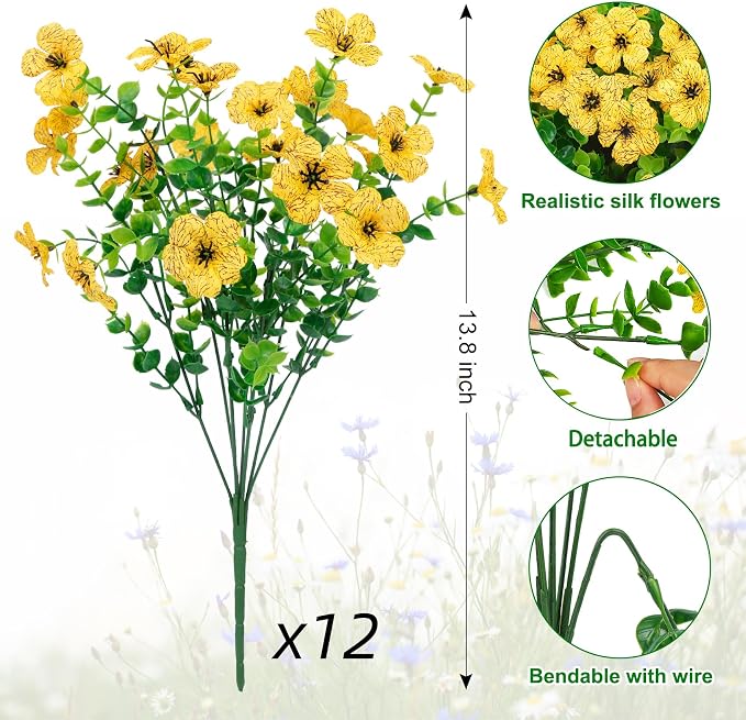 12 Pcs Artificial Flowers for Outdoors Decorations, Yellow | Lifelike silk flowers, UV resistant, faux plastic plants, for garden porch window table vase home indoor outdoor decor