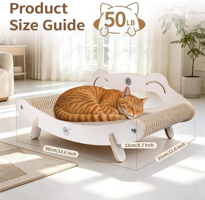 Sisal Cat Scratcher Bed, 3-in-1 Cat Lounger and 23.6" Large Scratching Pad with Hammock for Indoor Cats, Durable Wooden Frame & Natural Sisal Scratcher, Furniture Protector