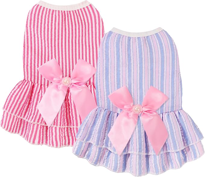 Dog Dress, Cute Pet Princess Dresses with Bright Color Design, Sweet Bowknot, Dog Clothes for Small Dogs Girl, Breathable & Lightweight, for Spring Summer, 2 Pack (Rose PinkBlue, Large)