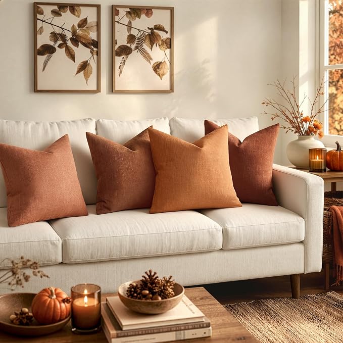 MIULEE Pack of 2 Decorative Linen Burlap Pillow Covers Fall Farmhouse Boho Accent Pillowcases for Sofa Car Couch Bedroom Living Room Decor 18x18 Inch Burnt Orange