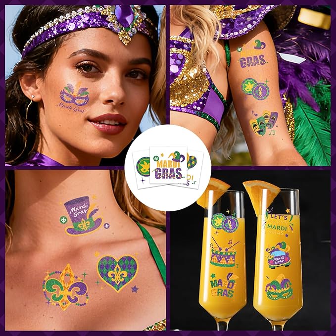 EMOME Mardi Gras Decorations, Mardi Gras Freckles Face Tattoos with Body Glitter Temporary Tattoo Stickers, Mardi Gras Costume Outfit Makeup Accessories Carnival for Women, Girls, Party Favors