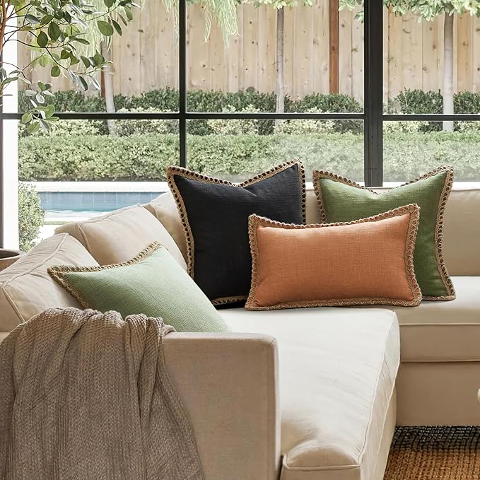 Phantoscope Pack of 2 Farmhouse Decorative Throw Decorative Pillow Cover Burlap Linen Trimmed Tailored Edges, Sage Green, 18 x 18 inches, 45 x 45 cm
