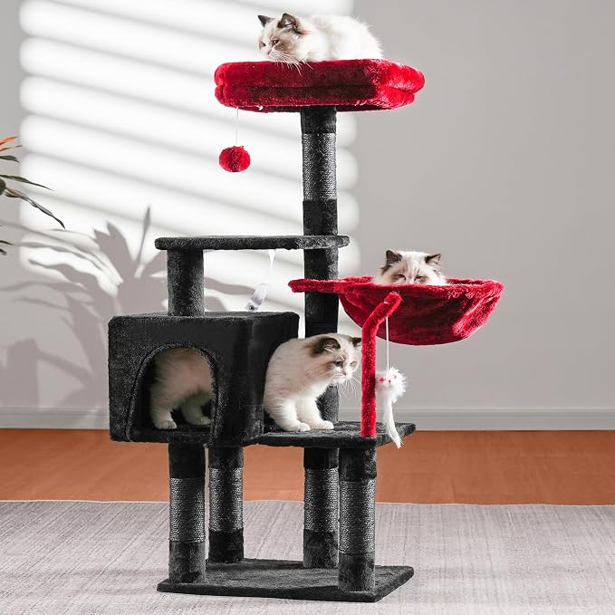 Heybly Cat Tree with Toy, 43.3 inch Cat Tower for Indoor Cats HCT004SBR | Cat Condo with Durable Sisal Scratching Posts, Cat House with Padded Plush Perch, Cozy Hammock, Black and Red