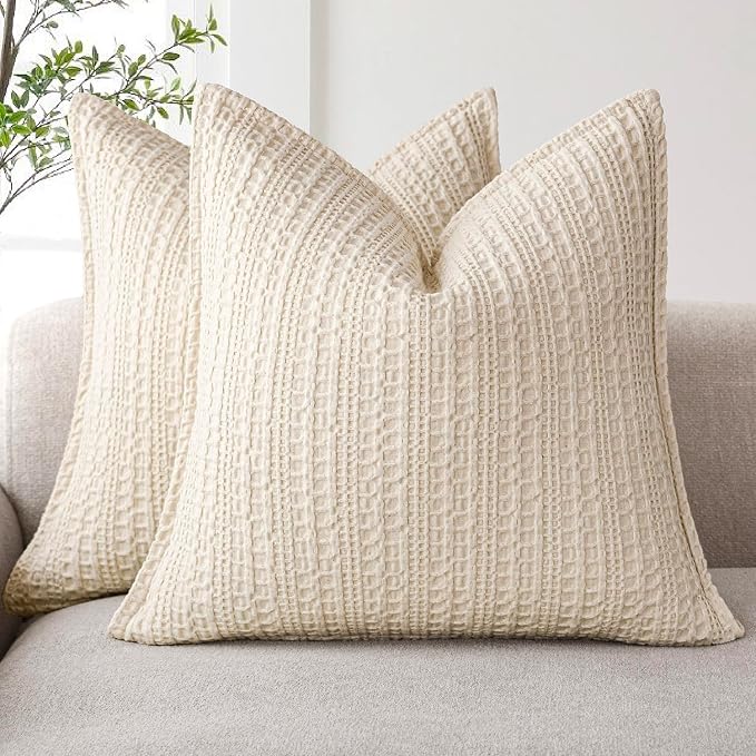 Foindtower Set of 2 Decorative Cotton Waffle Weave Throw Pillow Covers Euro Shams Cushion Covers Accent European Pillowcase for Bed Couch Sofa Bedroom Living Room Home Decor 20×20 Inch Natural Beige