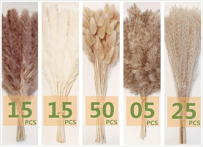 Natural Dried Pampas Grass Decor - 110 Pcs, Contains White Bunny Tails, Artificial Flowers for Bathroom, Office and Baby Shower Decor