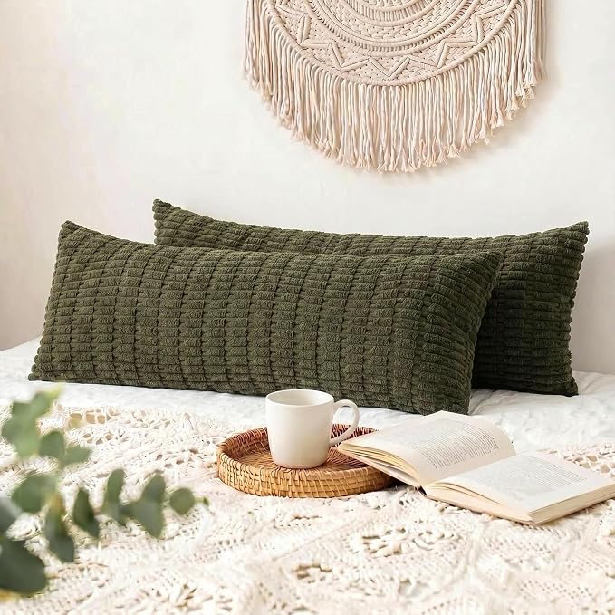 Fancy Homi Decorative Throw Pillow Covers for Bed Couch Bedroom Bench, Soft Corduroy Solid Pillow Case, Rustic Farmhouse Boho Room Decor,36" x 14" (Pack of 1),Olive Green