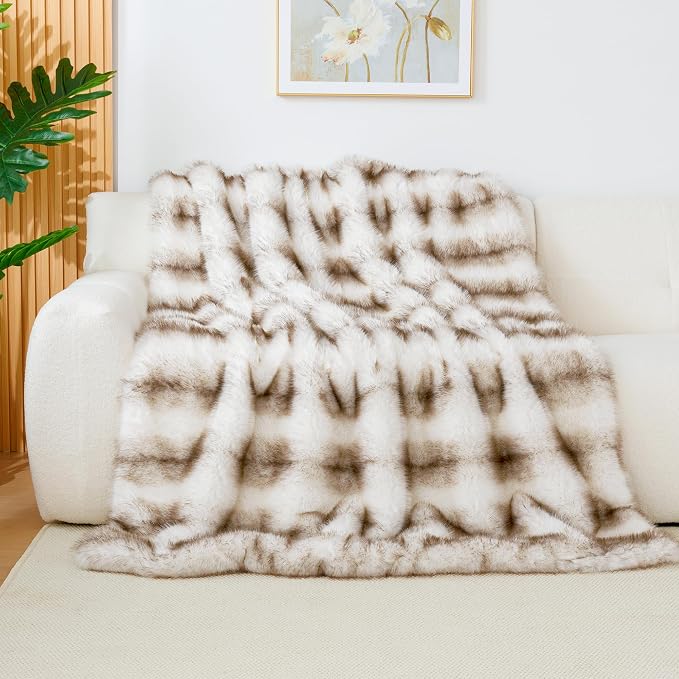 Luxury 1000GSM Faux Fur Queen Blanket, Super Thick Warm Cozy Heavy Blankets for Couch Bed Sofa, Plush Fuzzy Elegant Winter Reversible Mink Blanket for Living Room Bedroom,Taupe