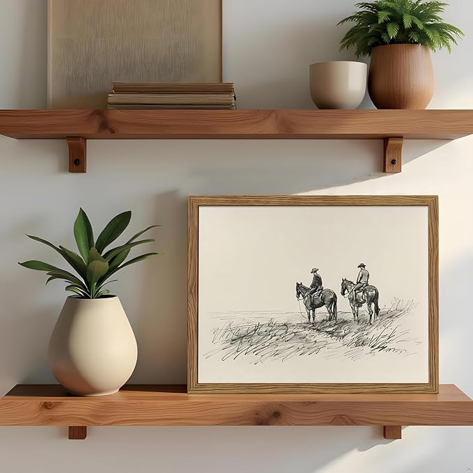 Framed Western Wall Art, Cowboys on Horses Sketch Picture Print, Western Wall Decor, Vintage Country Farmhouse Western Cowboys Canvas for Living Room Bedroom Home 8x10 inch