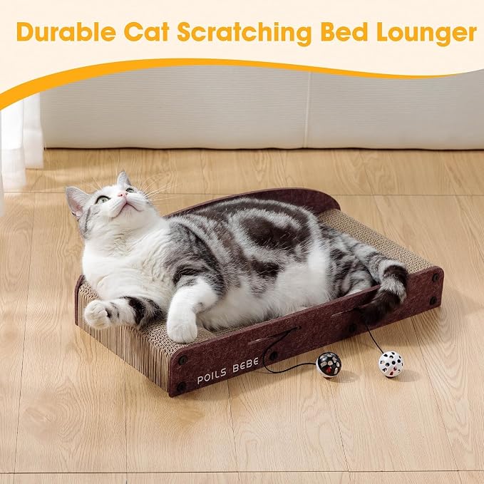 Poils Bebe 26 Inch Sofa Cat Scratcher, Small Cat Scratcher Cardboard with Bell Balls, Durable Couch Lounger for Indoor Cats, Cat Scratch Furniture Protector with Catnip, Cat Toys