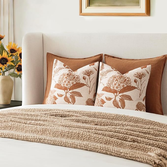 Foindtower Set of 2 Linen Floral Throw Pillow Covers Vintage Accent Print Decorative Cozy Cushion Covers Farmhouse Boho Home Decor for Sofa Chair Couch Bedroom Living Room,20×20 Inch,Autumn Orange