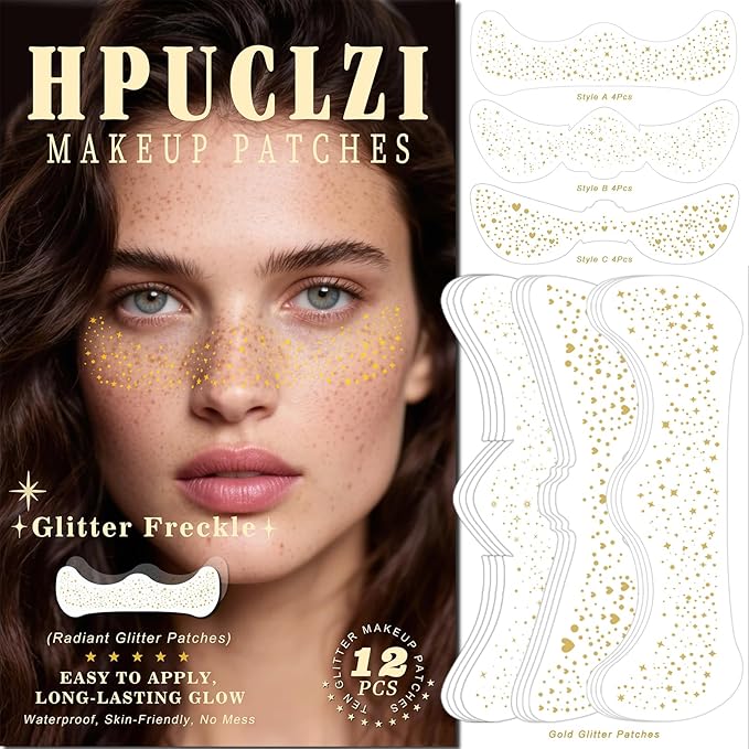 Gold Glitter Freckles Face Tattoo - 12PCS Sparkle Freckles Temporary Face Tattoos for Women, Glow Up Makeup Patches