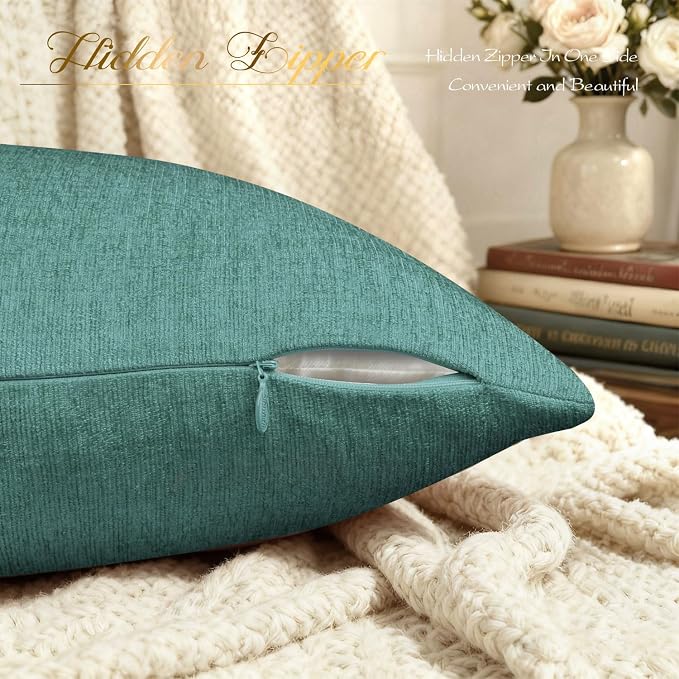BRAWARM Throw Pillow Covers 12x20 Inches - Teal Chenille Lumbar Pillow Covers Pack of 2, Solid Dyed Soft Chenille Pillow Cases for Couch Sofa Bed Home Decoration