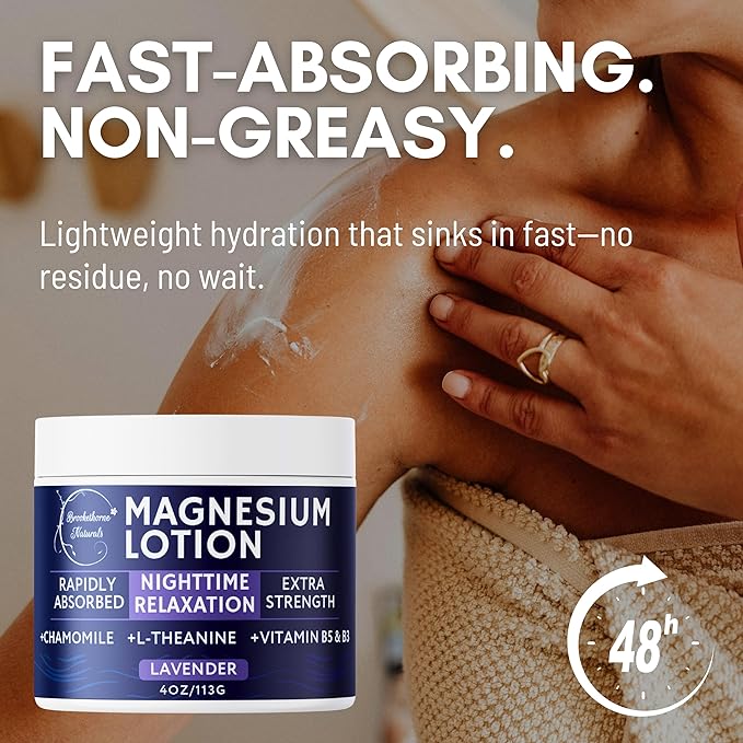 Nighttime Magnesium Lotion for Sleep | Lavender Magnesium Cream with L-Theanine & Chamomile | Topical Cream for Relaxation Adults & Kids | Non-Greasy, Vegan, Made in USA | 4oz by Brookethorne Naturals