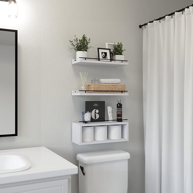 Floating Shelves for Wall with Cube Shelf, Wall Shelves with Metal Rail for Decor, Bathroom Organizers and Storage, Over Toilet Shelves for Bathroom, Toilet Paper-White