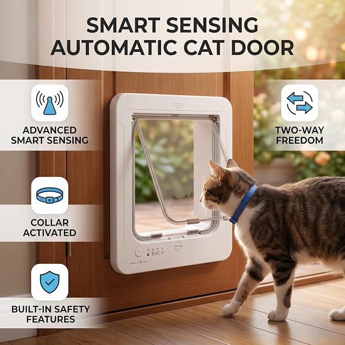 GLOGLOW Automatic Cat Door Interior Door, Smart Pet Access with Electronic Flap, Collar Activated and Secure Locking for Cats and Dogs, 10.24x11.61in Size