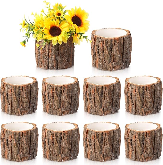 9 Pcs Wooden Vase for Centerpieces Wedding Flower Table Centerpieces Woodland Party Decor Rustic Farmhouse Bark Stump Buckets Vintage Planter Pots for Garden Baby Shower Window Home (Large)