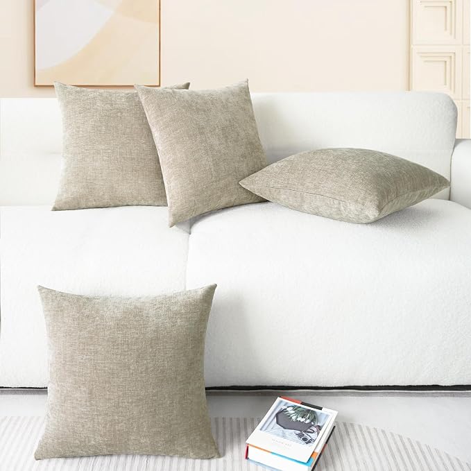 CaliTime Decorative Couch Throw Pillow Covers 18 X 18 Inches Light Taupe | Pack of 4, Cozy Chenille Cushion Cases for Sofa Bed Living Room Farmhouse Home