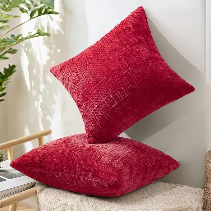 decorUhome Textured Chenille Throw Pillow Covers 26x26 Set of 2 Red | Fall Modern Farmhouse Soft Cozy Slubby Couch Pillow Cases Boho Decorative Pillow Cases for Bed Sofa Living Room Home Decor