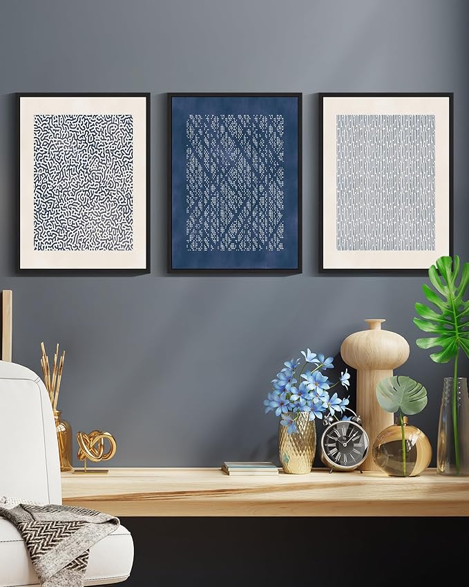 Drsoum Blue Mid-Century Modern Framed Wall Art Minimalist Abstract Boho Wall Decor Geometric Artwork Kitchen Dining Room 11x14in Black Framed