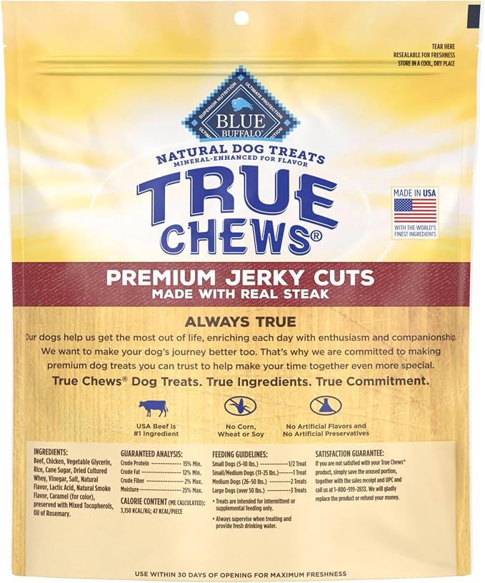 Blue Buffalo True Chews Premium Jerky Cuts Dog Treats, Made in the USA with Natural Ingredients, Beef, 10-oz Bag (Pack of 6)