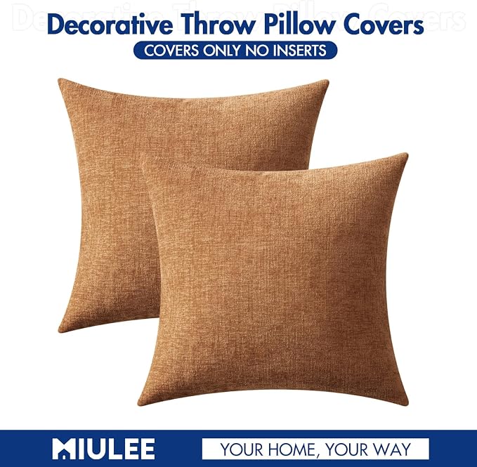 MIULEE Soft Chenille Throw Pillow Covers Brown 20x20 Inch Pack of 2 | Modern Home Decor, Classic Decorative Pillows, Solid Dyed Cases, Boho Couch Cushion Covers for Sofa Bed Living Room