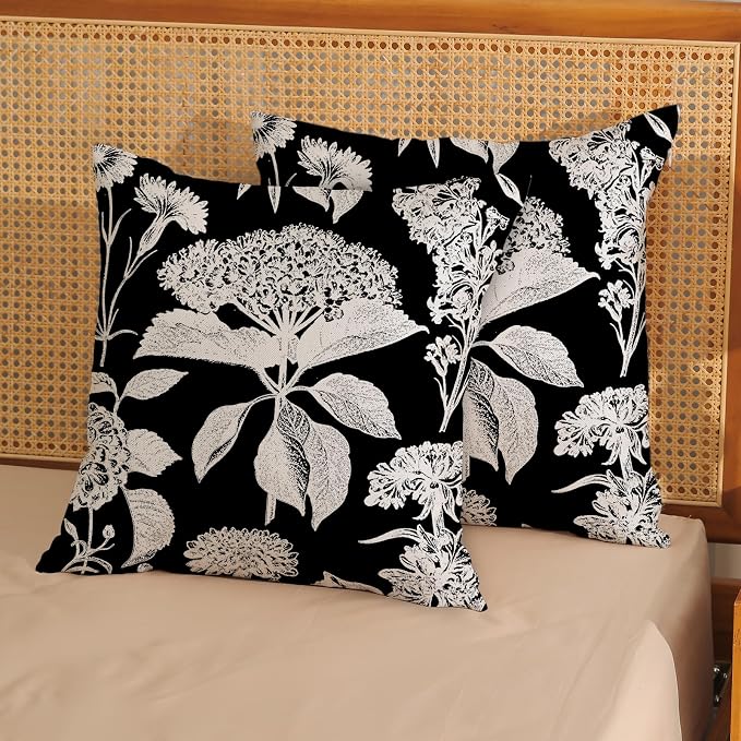 Floral Pillow Covers 18x18 Set of 2 Black Beige Hydrangea Herbs Botanical Throw Pillow Cover Outdoor Decor Vintage Boho Flower Pillowcase Farmhouse Decorative Linen Cushion Case for Home Couch