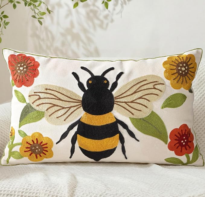 Animal Embroidered Lumbar Pillow Cover 20x12 Inch, Bee Floral | Decorative Throw Pillow Cover, Farmhouse Cushion Cases with Hidden Zipper, Cottagecore Decor for Couch, Sofa, Bedroom